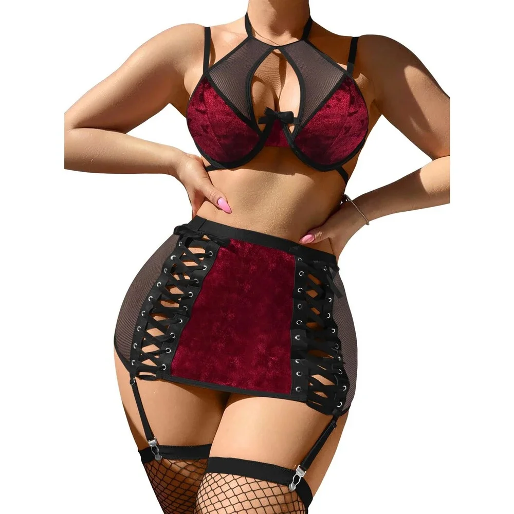Foxiny Women's Red Sexy Cutout Halter Underwire Leather Mesh Sheer Mini Skirt M